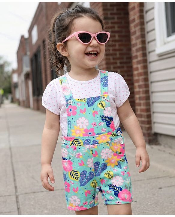 Babyhug Single Jersey Knit Half Sleeves Polka Dots & Floral Printed T-Shirt & Dungaree - White