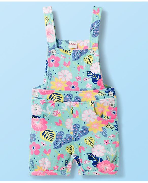 Babyhug Single Jersey Knit Half Sleeves Polka Dots & Floral Printed T-Shirt & Dungaree - White