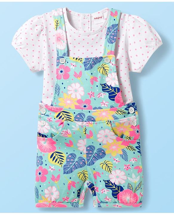 Babyhug Single Jersey Knit Half Sleeves Polka Dots & Floral Printed T-Shirt & Dungaree - White