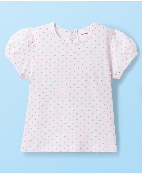 Babyhug Single Jersey Knit Half Sleeves Polka Dots & Floral Printed T-Shirt & Dungaree - White