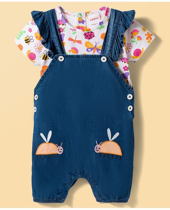 Babyhug Single Jersey Knit Half Sleeves T-Shirt & Dungaree Set with Jungle Theme Print & Embroidery - Multicolor