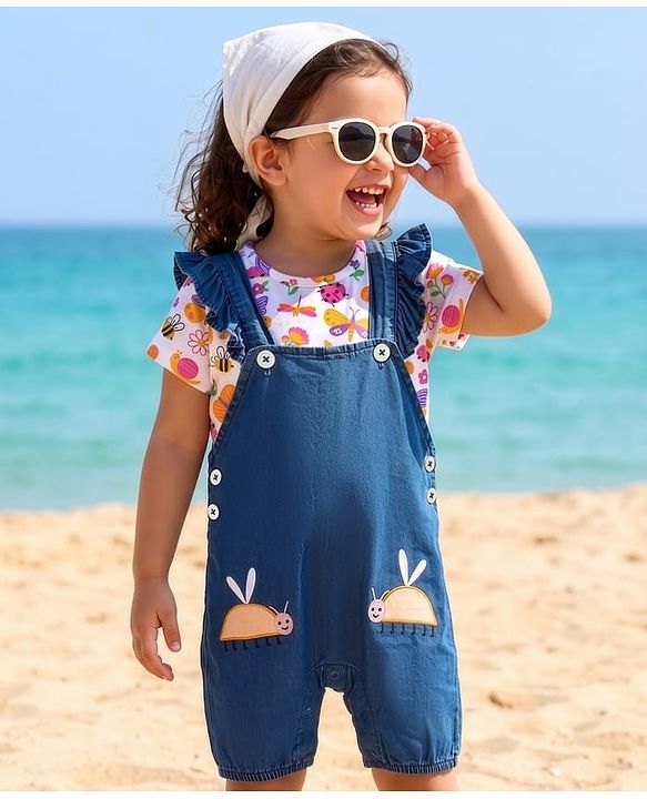 Babyhug Single Jersey Knit Half Sleeves T-Shirt & Dungaree Set with Jungle Theme Print & Embroidery - Multicolor