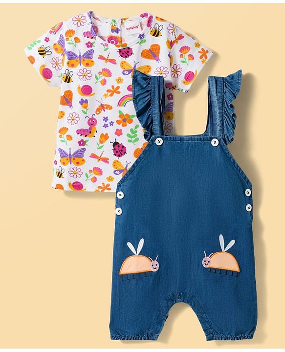 Babyhug Single Jersey Knit Half Sleeves T-Shirt & Dungaree Set with Jungle Theme Print & Embroidery - Multicolor