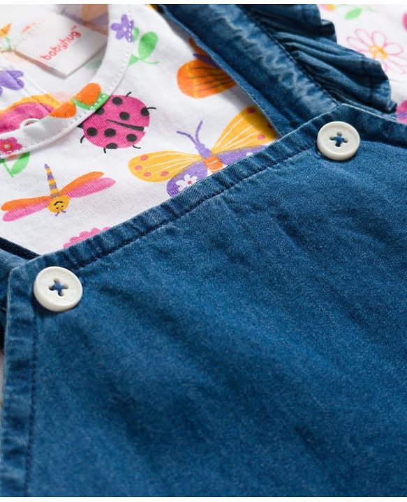 Babyhug Single Jersey Knit Half Sleeves T-Shirt & Dungaree Set with Jungle Theme Print & Embroidery - Multicolor