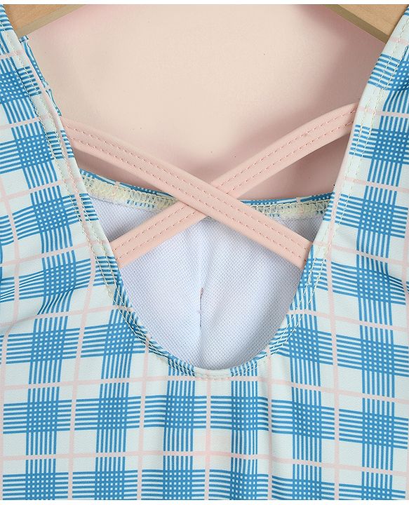 Babyhug Half Sleeves Checks Printed V Cut Swimsuit With Bow Applique - Blue