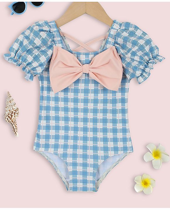 Babyhug Half Sleeves Checks Printed V Cut Swimsuit With Bow Applique - Blue