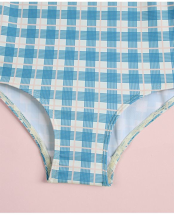 Babyhug Half Sleeves Checks Printed V Cut Swimsuit With Bow Applique - Blue