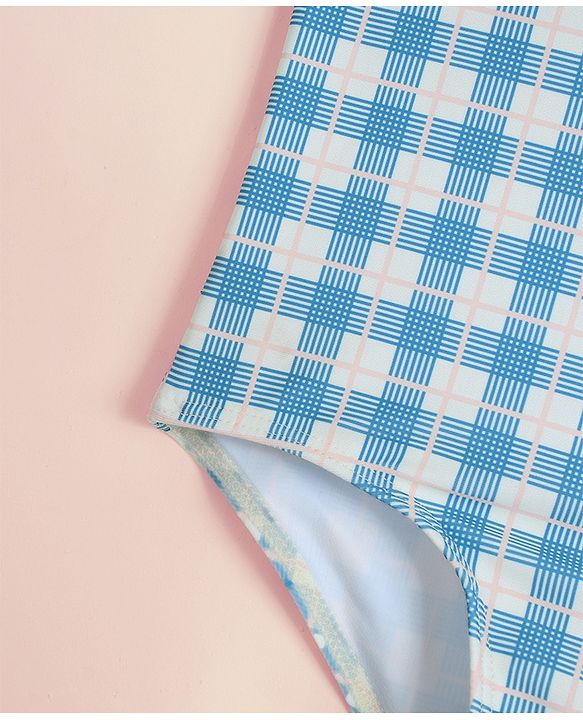 Babyhug Half Sleeves Checks Printed V Cut Swimsuit With Bow Applique - Blue