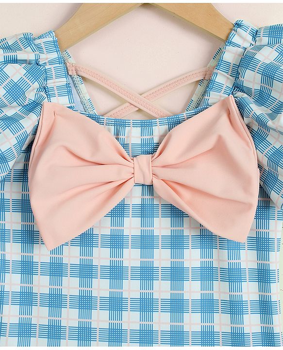 Babyhug Half Sleeves Checks Printed V Cut Swimsuit With Bow Applique - Blue