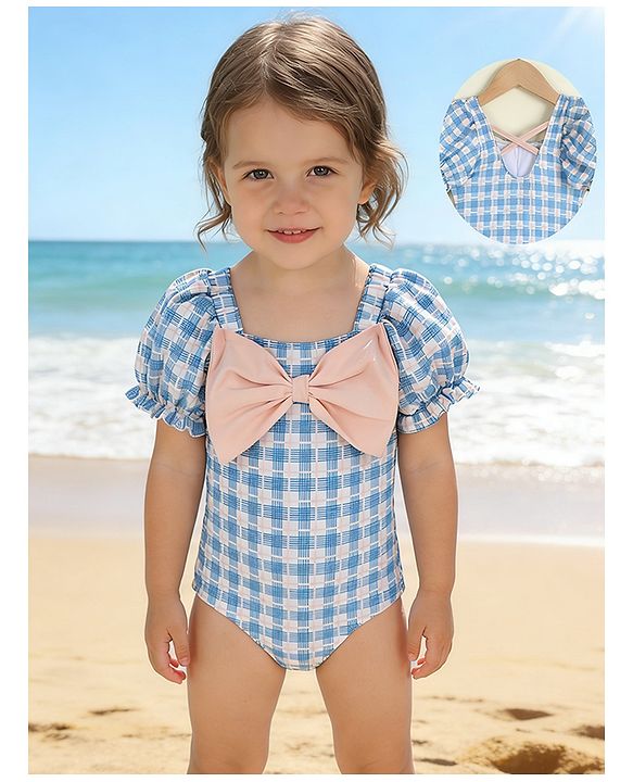 Babyhug Half Sleeves Checks Printed V Cut Swimsuit With Bow Applique - Blue