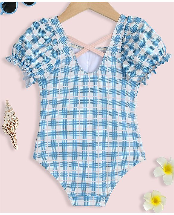 Babyhug Half Sleeves Checks Printed V Cut Swimsuit With Bow Applique - Blue