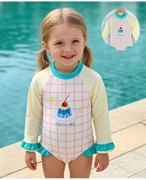 Babyhug Raglan Full Sleeves Cherry Cake Printed V Cut Swimsuit - White & Light Yellow