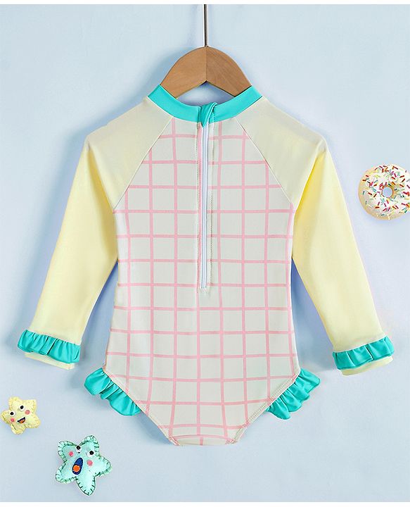 Babyhug Raglan Full Sleeves Cherry Cake Printed V Cut Swimsuit - White & Light Yellow