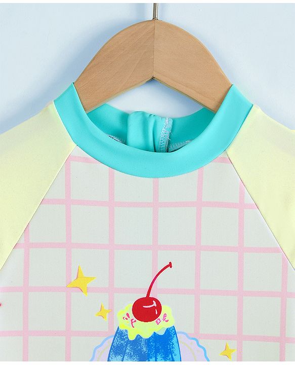 Babyhug Raglan Full Sleeves Cherry Cake Printed V Cut Swimsuit - White & Light Yellow