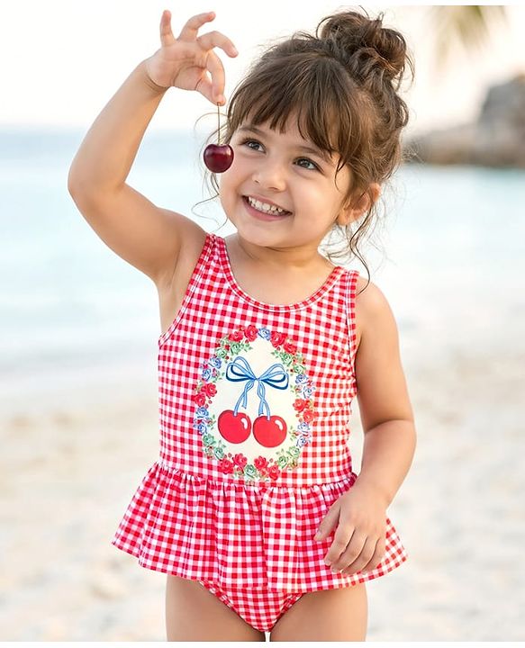 Babyhug Sleeveless Checkered V Cut Swimsuit with Cherry Print - Red