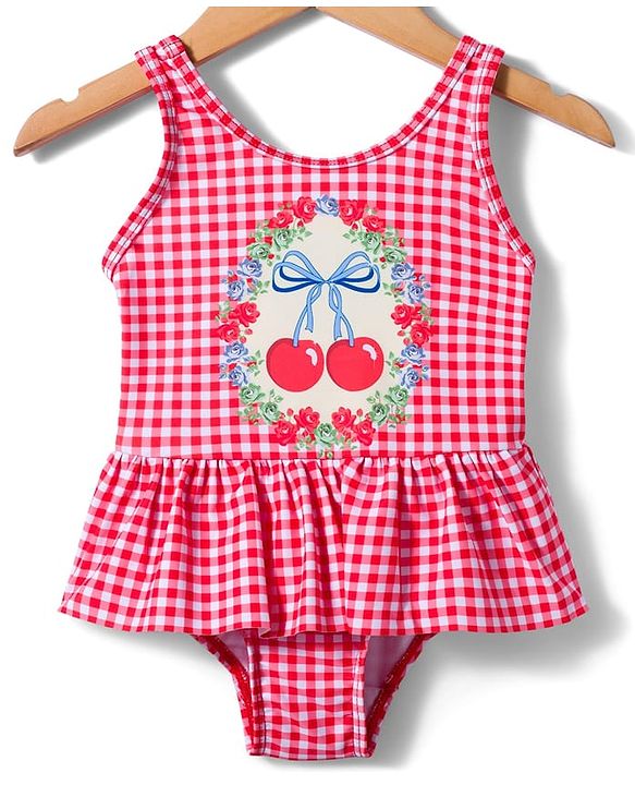 Babyhug Sleeveless Checkered V Cut Swimsuit with Cherry Print - Red