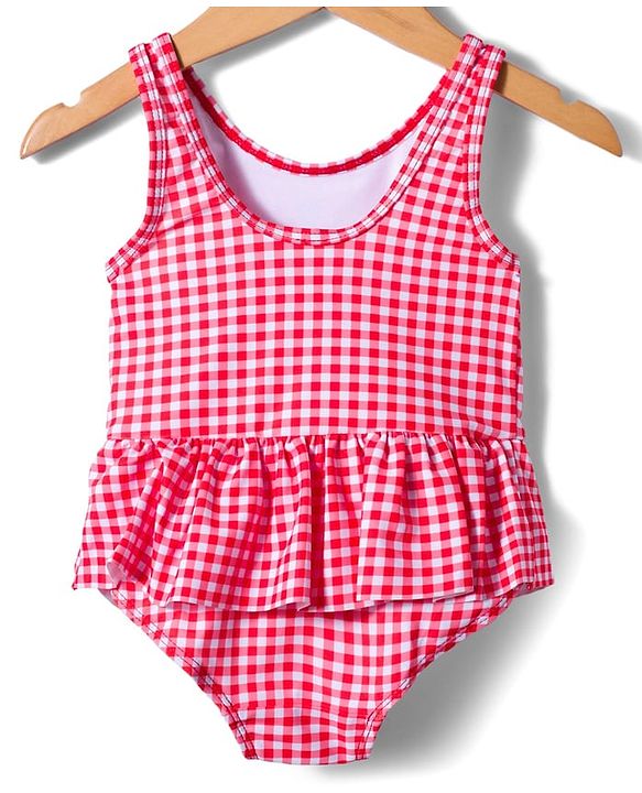 Babyhug Sleeveless Checkered V Cut Swimsuit with Cherry Print - Red