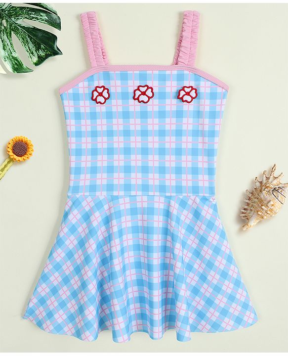 Babyhug Sleeveless Checks Frock Swimsuit With Floral Applique - Light Blue