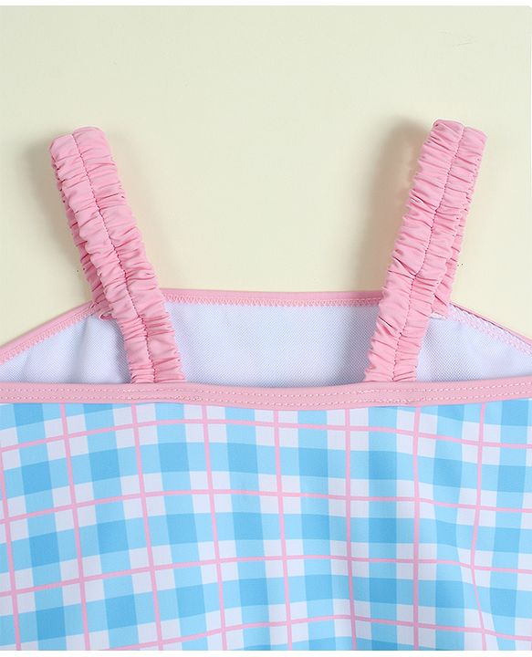 Babyhug Sleeveless Checks Frock Swimsuit With Floral Applique - Light Blue