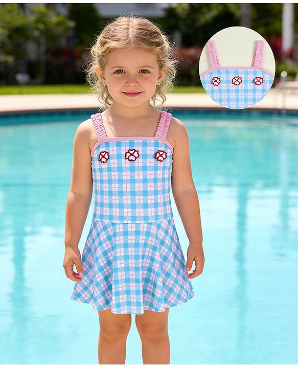 Babyhug Sleeveless Checks Frock Swimsuit With Floral Applique - Light Blue