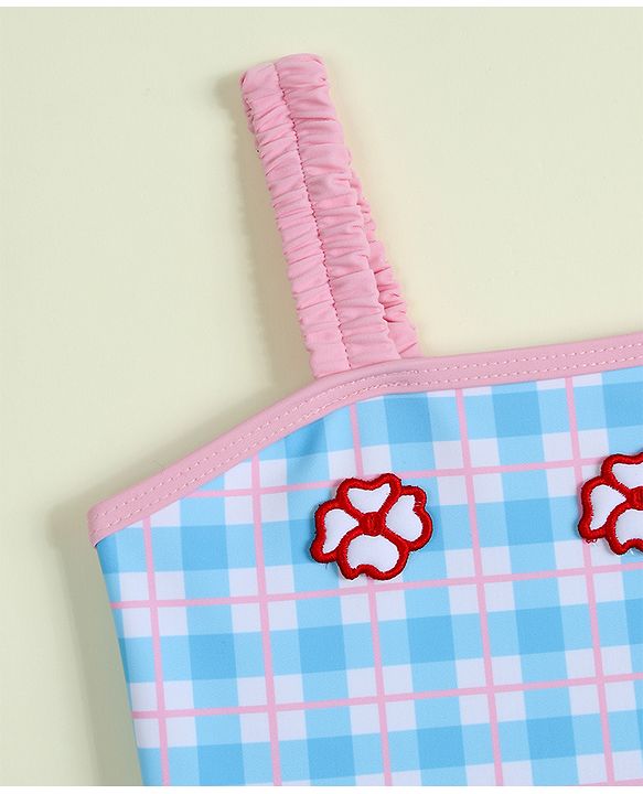 Babyhug Sleeveless Checks Frock Swimsuit With Floral Applique - Light Blue