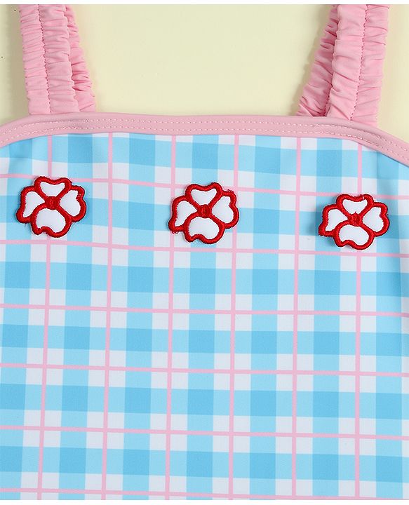 Babyhug Sleeveless Checks Frock Swimsuit With Floral Applique - Light Blue