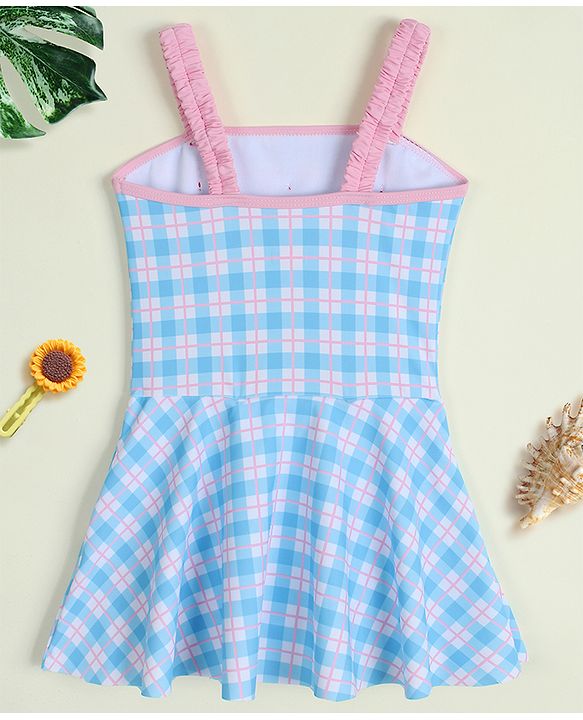 Babyhug Sleeveless Checks Frock Swimsuit With Floral Applique - Light Blue