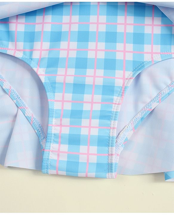 Babyhug Sleeveless Checks Frock Swimsuit With Floral Applique - Light Blue
