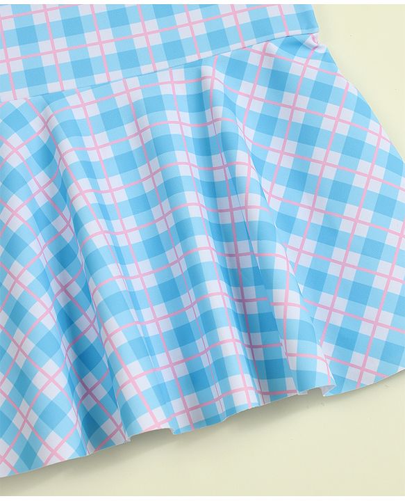 Babyhug Sleeveless Checks Frock Swimsuit With Floral Applique - Light Blue