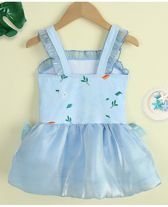 Babyhug Sleeveless Text Printed & Bow Applique Frock Swimsuit - Light Blue