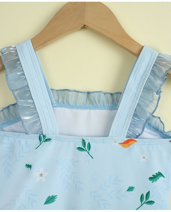 Babyhug Sleeveless Text Printed & Bow Applique Frock Swimsuit - Light Blue