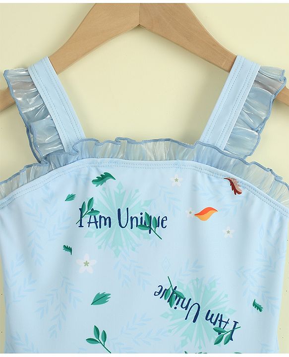Babyhug Sleeveless Text Printed & Bow Applique Frock Swimsuit - Light Blue