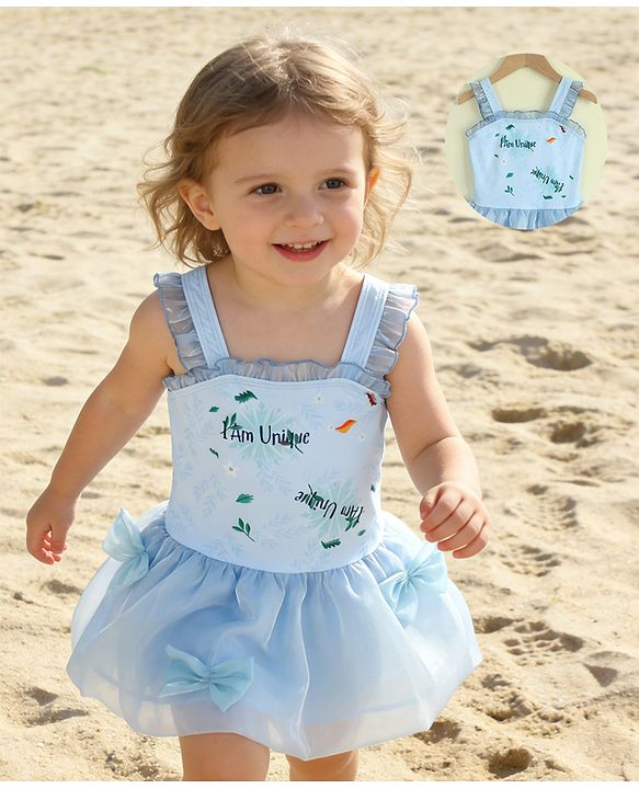 Babyhug Sleeveless Text Printed & Bow Applique Frock Swimsuit - Light Blue