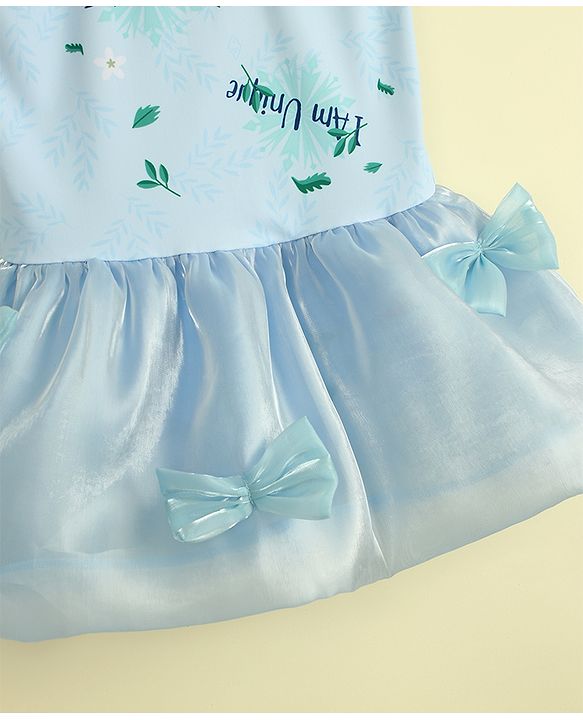 Babyhug Sleeveless Text Printed & Bow Applique Frock Swimsuit - Light Blue