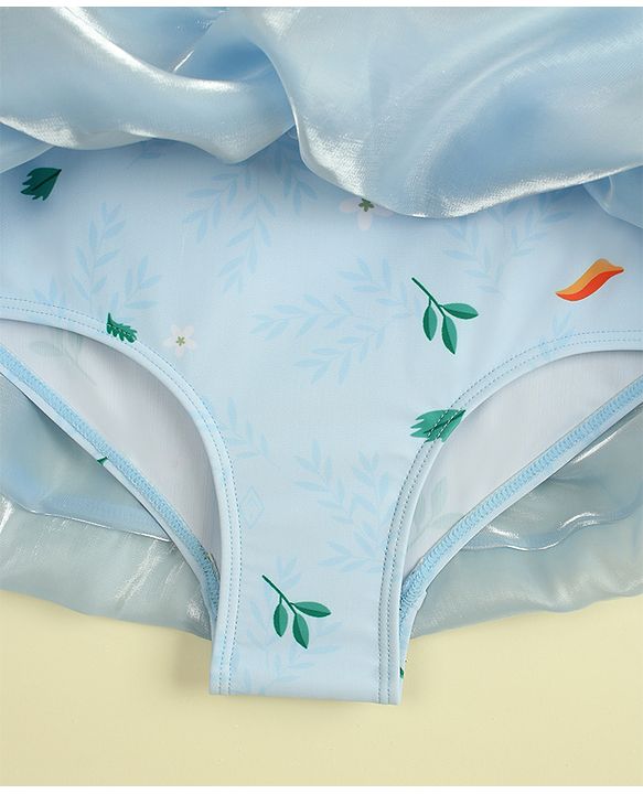 Babyhug Sleeveless Text Printed & Bow Applique Frock Swimsuit - Light Blue