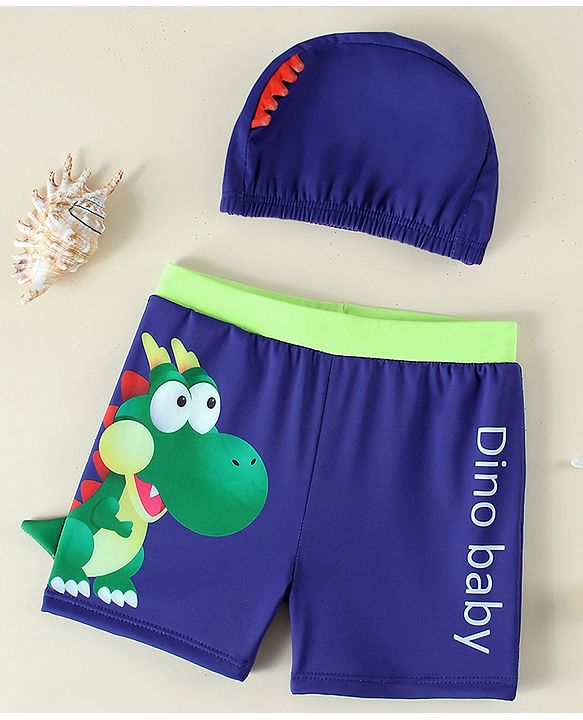 Babyhug Dino Printed Swimming Trunk With Cap - Navy Blue