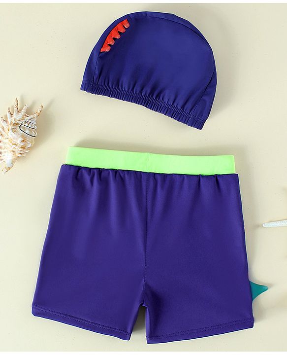Babyhug Dino Printed Swimming Trunk With Cap - Navy Blue