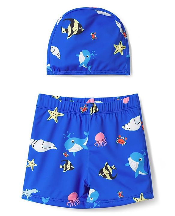 Babyhug Swimming Trunks with Sea Life Theme Print & Cap - Blue