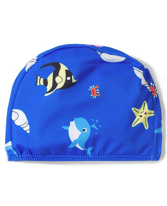 Babyhug Swimming Trunks with Sea Life Theme Print & Cap - Blue