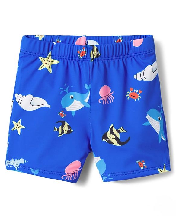 Babyhug Swimming Trunks with Sea Life Theme Print & Cap - Blue