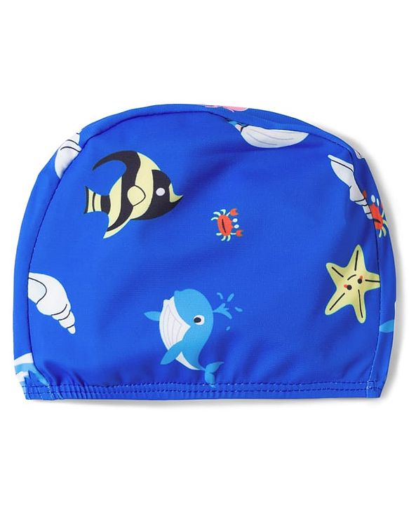 Babyhug Swimming Trunks with Sea Life Theme Print & Cap - Blue