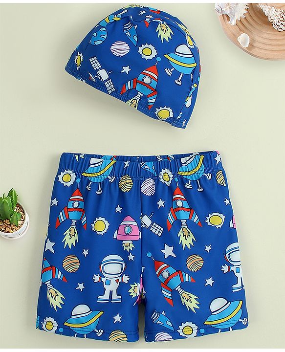 Babyhug Swimming Trunk with Cap & Space Theme Print - Navy Blue