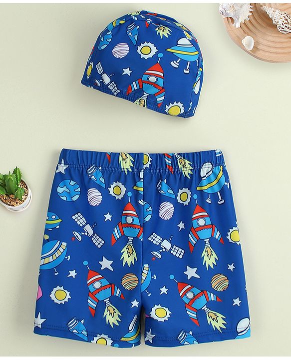 Babyhug Swimming Trunk with Cap & Space Theme Print - Navy Blue