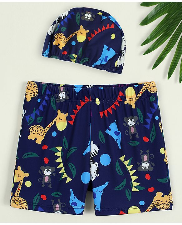 Babyhug Swimming Trunk with Cap & Jungle Theme Print - Navy Blue