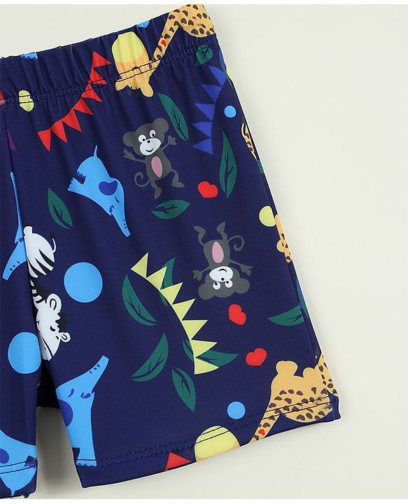 Babyhug Swimming Trunk with Cap & Jungle Theme Print - Navy Blue