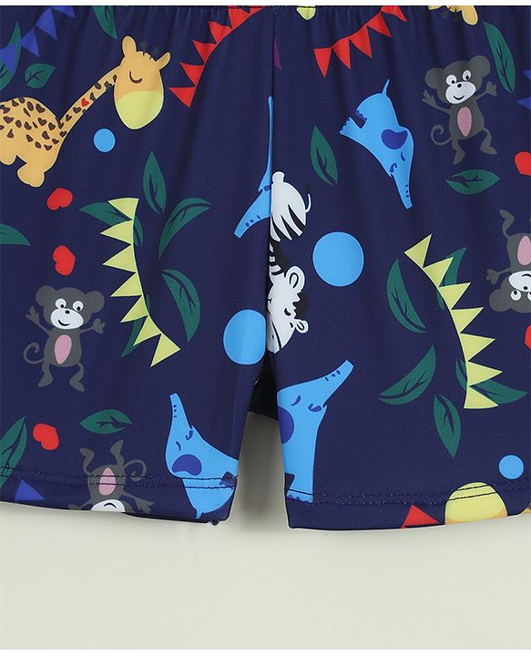 Babyhug Swimming Trunk with Cap & Jungle Theme Print - Navy Blue