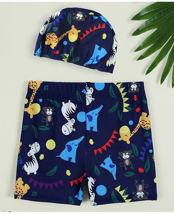 Babyhug Swimming Trunk with Cap & Jungle Theme Print - Navy Blue