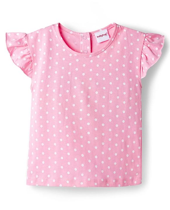 Babyhug Single Jersey Knit Half Sleeves T-Shirt & Dungaree with Polka Dots Print & Butterfly Applique- Pink