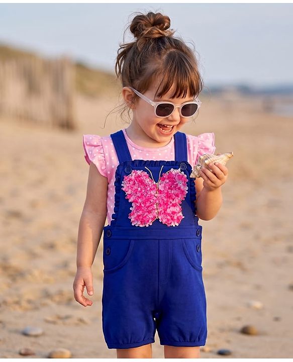 Babyhug Single Jersey Knit Half Sleeves T-Shirt & Dungaree with Polka Dots Print & Butterfly Applique- Pink