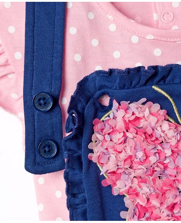 Babyhug Single Jersey Knit Half Sleeves T-Shirt & Dungaree with Polka Dots Print & Butterfly Applique- Pink
